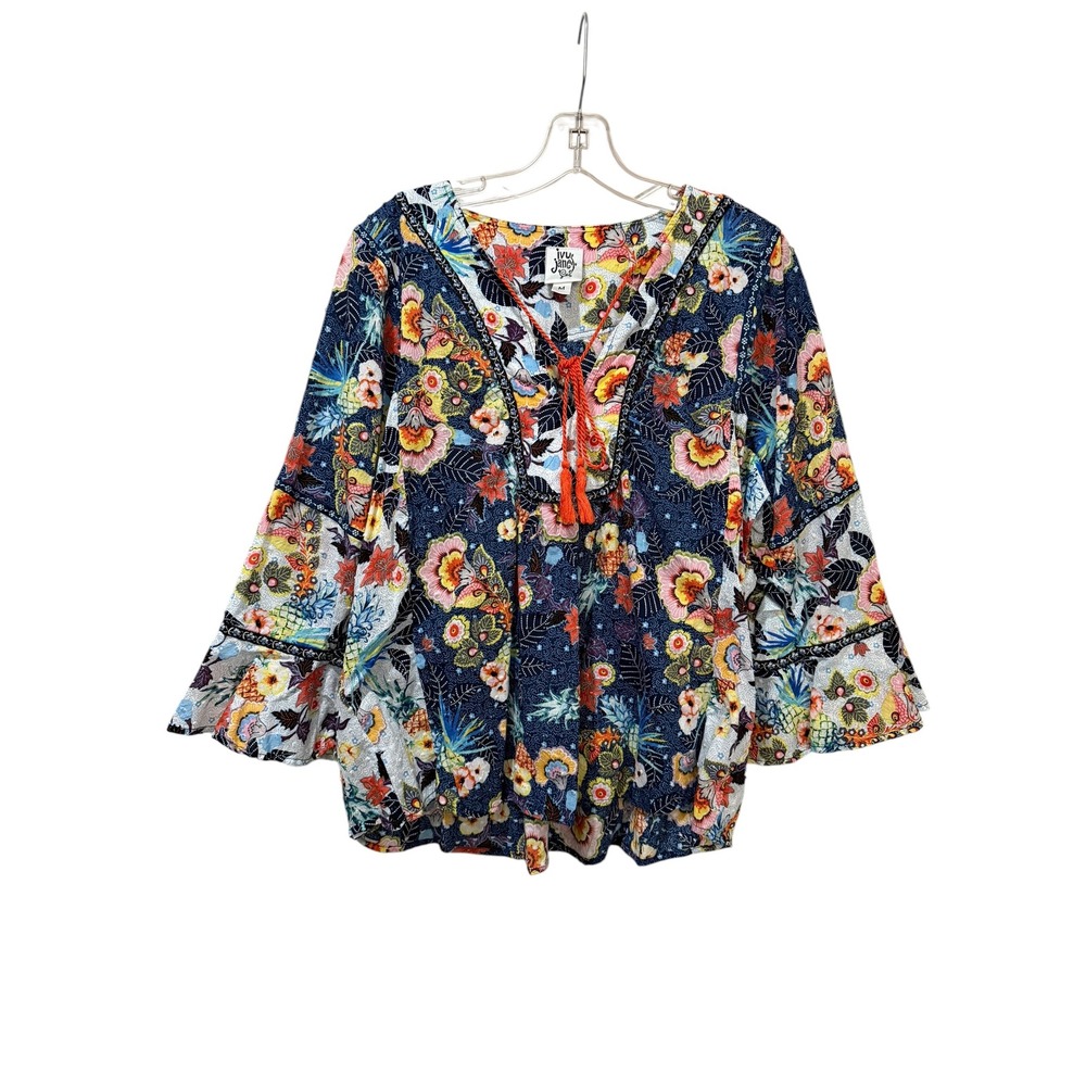 Ivy Jane Floral Patchwork Peasant Blouse Navy Orange Tassel Bell Sleeve Medium